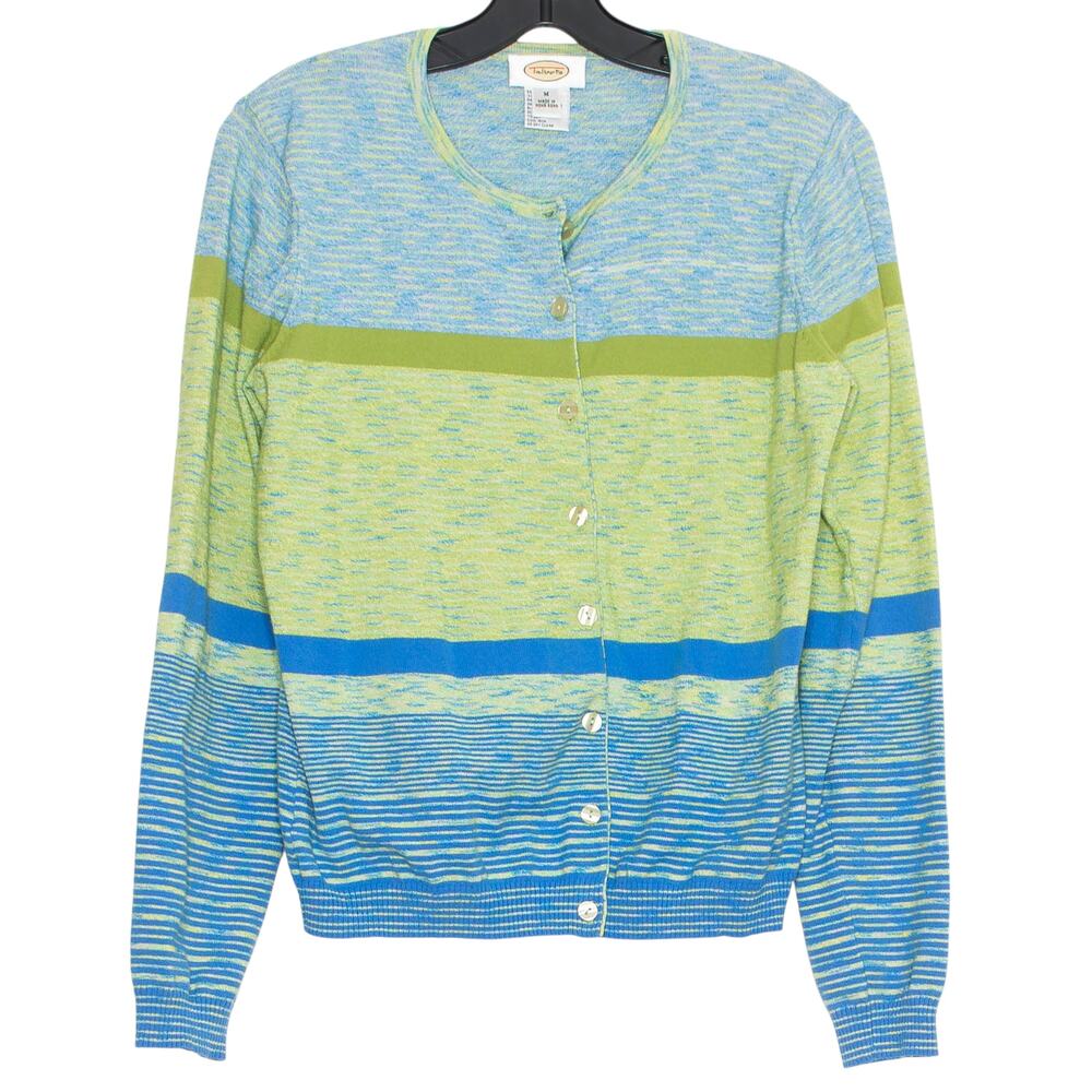 Vintage Talbots Cardigan Coastal Preppy Colorblock Nautical Green Blue Medium